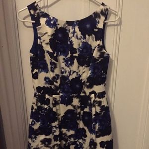boat neck, fit and flair, blue floral dress